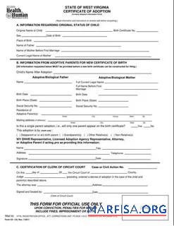 Blank USA Register office of West Virginia adoption certificate real example